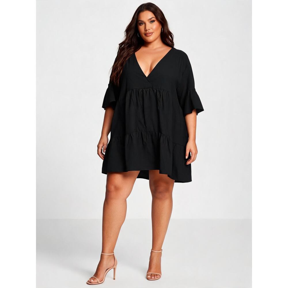 Black Tiered Ruffle Sleeve V-Neck Smock Mini Dress - NWT